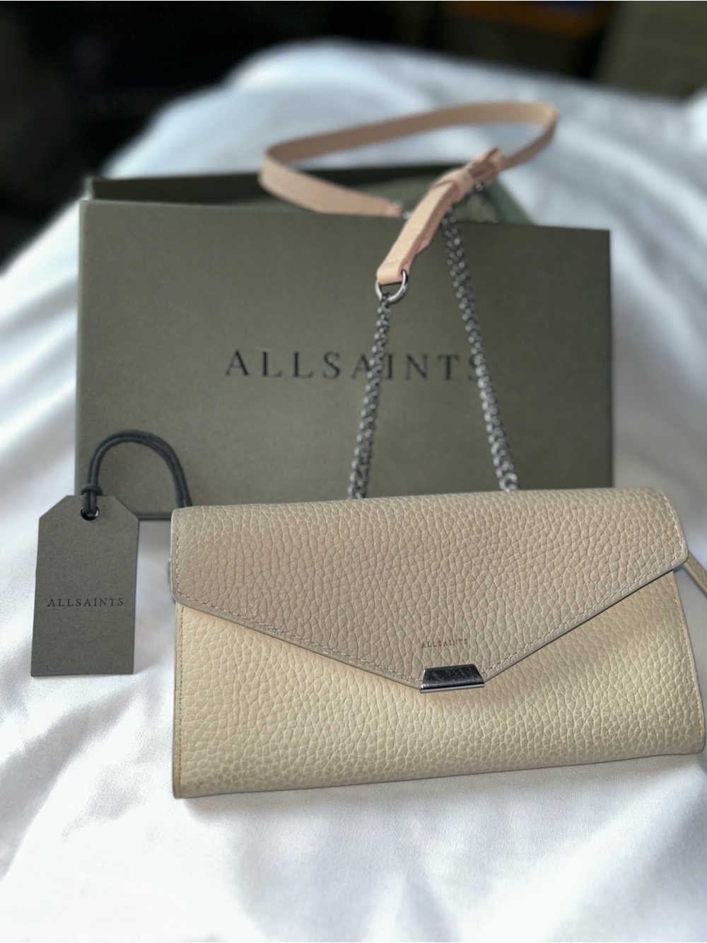 AllSaints Three-Tone Beige Taupe Pebbled Leather Crossbody